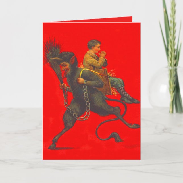 Cartes Pour Fêtes Annuelles Le Krampus rouge enlève un garçon en prière (Devant)