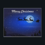 Cartes Pour Fêtes Annuelles Le Père Noël<br><div class="desc">Joyeux salut de Noël. Illustration festive de Noël de père Noël dans son traîneau et son renne volant à travers le ciel bleu nuit foncé. Une lune éclatante illumine le ciel et on peut voir des étoiles scintillantes tout autour. Des arbres et des montagnes peuvent être vus sur la terre...</div>