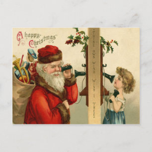 Cartes Pour Fêtes Annuelles Le Père Noël au téléphone avec un sac de jouets en