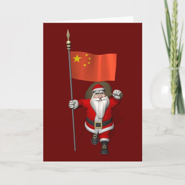 Cartes Pour Fêtes Annuelles Le Père Noël Avec Drapeau De Chine (Devant)