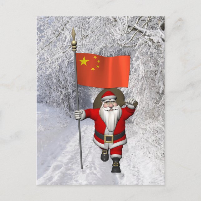 Cartes Pour Fêtes Annuelles Le Père Noël Avec Drapeau De Chine (Devant)
