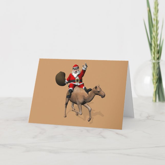 Cartes Pour Fêtes Annuelles Le Père Noël En Train De Monter Un Chameau (Devant)