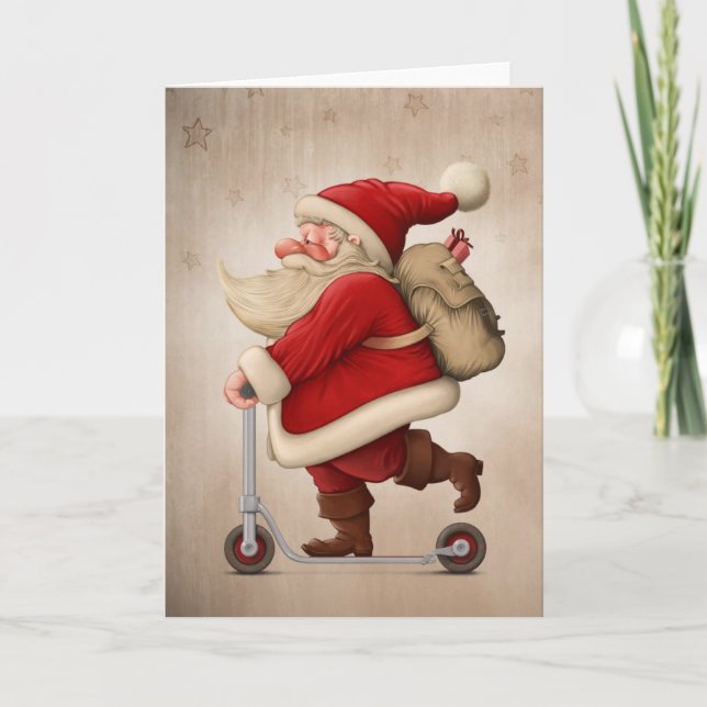 Cartes Pour Fêtes Annuelles Le père noël et le scooter de poussée (Devant)