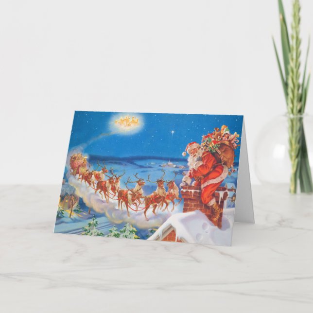 Cartes Pour Fêtes Annuelles Le père noël et son renne puissant (Devant)