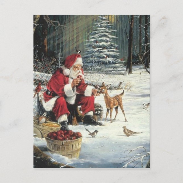 Cartes Pour Fêtes Annuelles Le Père Noël Nourrit Les Animaux (Devant)