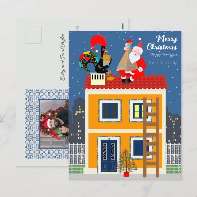 Cartes Pour Fêtes Annuelles Le Père Noël rencontre le Coq portugais (Devant / Derrière)