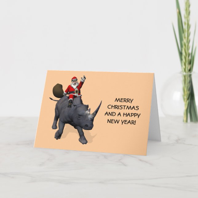 Cartes Pour Fêtes Annuelles Le père noël sur le rhinocéros de rhinocéros (Devant)