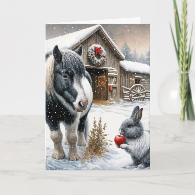 Cartes Pour Fêtes Annuelles Le poney de Noël et le lapin dans une ferme (Devant)