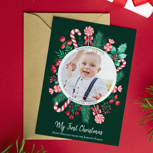 Cartes Pour Fêtes Annuelles Le premier Noël de bébé Souvenir Aquarelle (First Christmas Baby Keepsake Christmas Holiday Card)