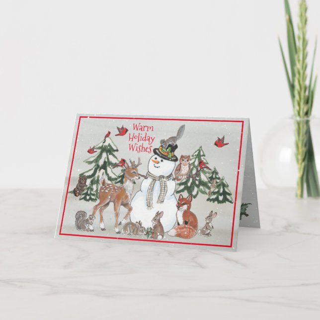 Cartes Pour Fêtes Annuelles Le renard des cerfs de Woodland Snowman souhaite u (Devant)