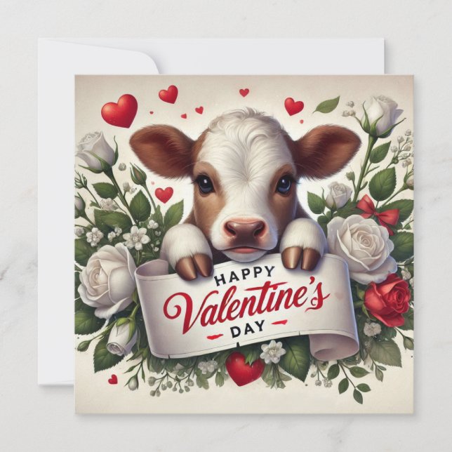 Cartes Pour Fêtes Annuelles Le veau de Saint Valentin avec arrangement floral (Devant)