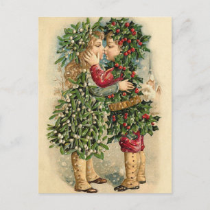 Cartes Pour Fêtes Annuelles Le Vieux Fashion Holly Kids Kissing Christmas