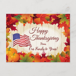 Cartes Pour Fêtes Annuelles Leaves automnales et Flag Family Thanksgiving des
