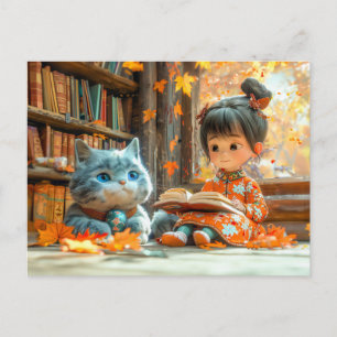 Cartes Pour Fêtes Annuelles Lecture d'automne avec mon chat dodu