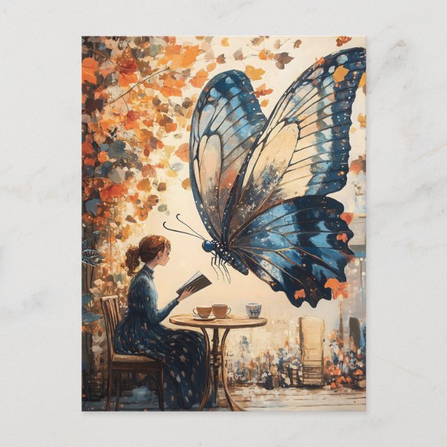 Cartes Pour Fêtes Annuelles Lecture féminine avec papillon géant Art Abstrait (Devant)