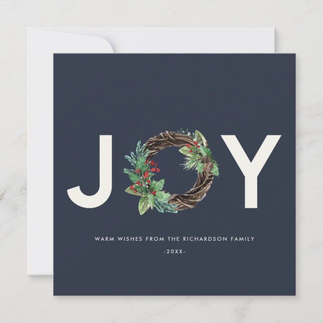 CARTES POUR FÊTES ANNUELLES L'ÉLÉGANT HOLLY BERRY RED NAVY JOY WREATH NOËL (Devant)