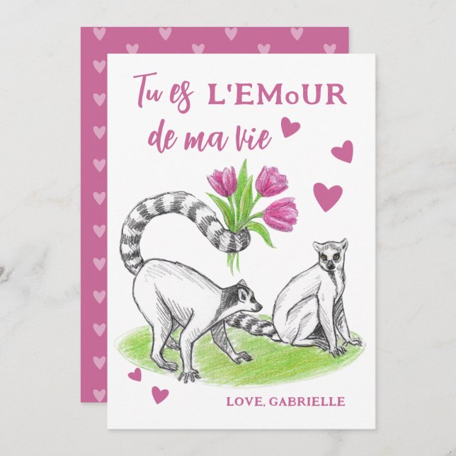 Cartes Pour Fêtes Annuelles Lemur avec Tulipes Amour romantique Drôle Citation (Devant / Derrière)