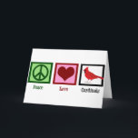 Cartes Pour Fêtes Annuelles Les cardinaux de l'amour pour la paix<br><div class="desc">Un joli cadeau cardinal avec un signe de paix,  un coeur et un bel oiseau rouge. Un joli cadeau d'oiseaux pour un observateur d'oiseaux qui aime observer les oiseaux magnifiques et collectionner les cadeaux d'oiseaux cool. Peace Love Cardinals.</div>