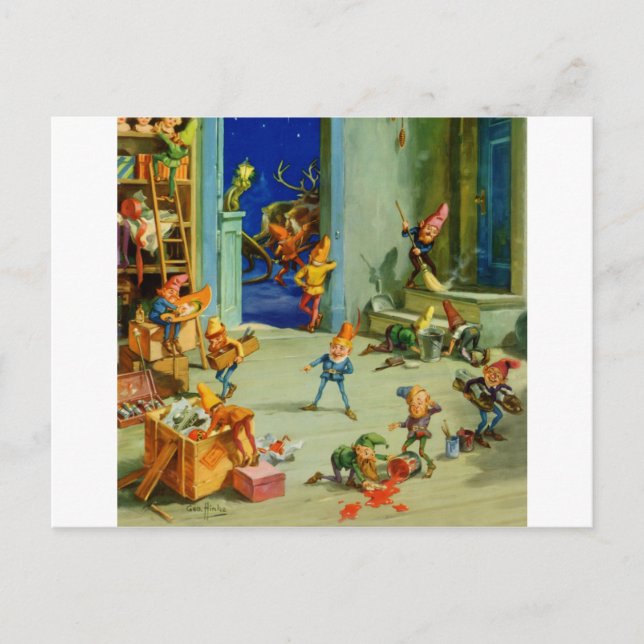 Cartes Pour Fêtes Annuelles Les elfes de père Noël travaillent dans son atelie (Devant)