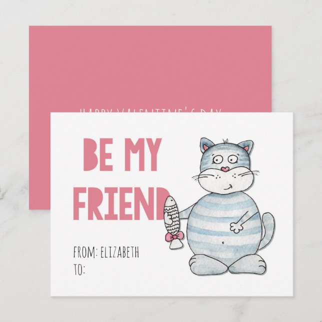 Cartes Pour Fêtes Annuelles Les enfants de classe Valentines. Mignonne chat. S (Devant / Derrière)