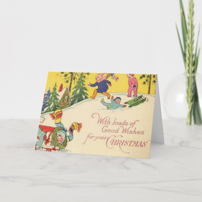 Cartes Pour Fêtes Annuelles Les enfants descendent en traîneau à neige - aspec (Devant)