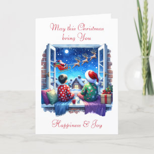 Cartes Pour Fêtes Annuelles Les enfants regardent Père Noël le soir de Noël