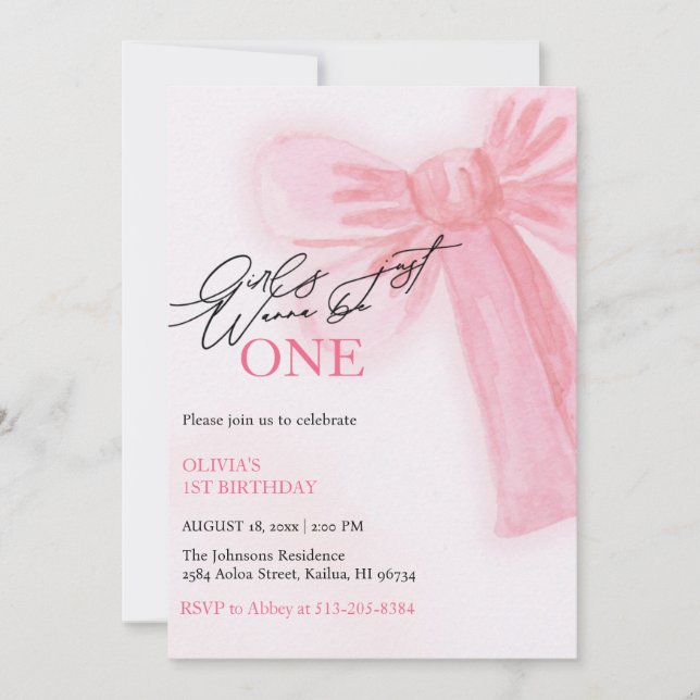 Cartes Pour Fêtes Annuelles Les Filles De Bow Rose Veulent Être Un 1Er Anniver (Devant)