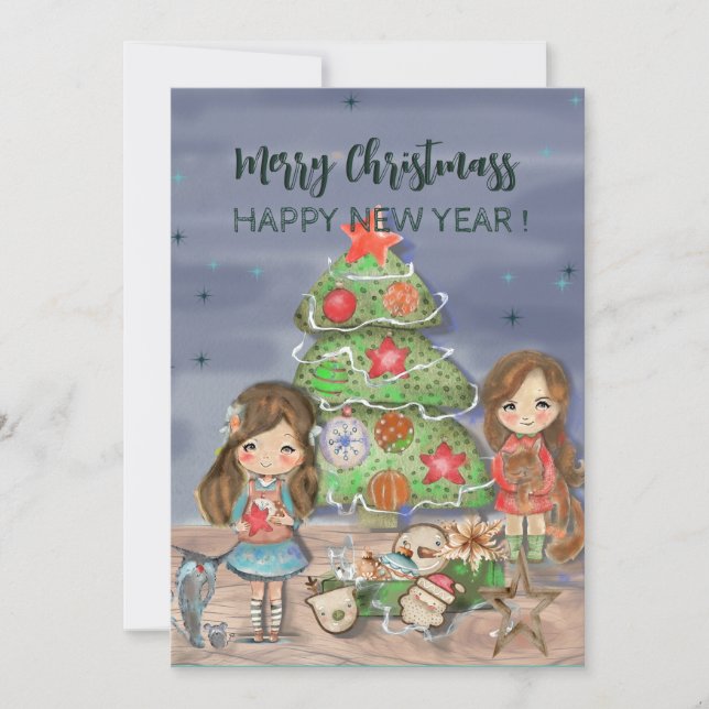 Cartes Pour Fêtes Annuelles Les filles décorant l'arbre de Noël (Devant)
