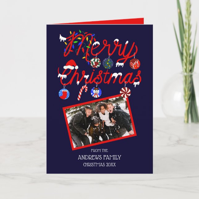 Cartes Pour Fêtes Annuelles Les ornements illuminent le joyeux neige Noël (Devant)