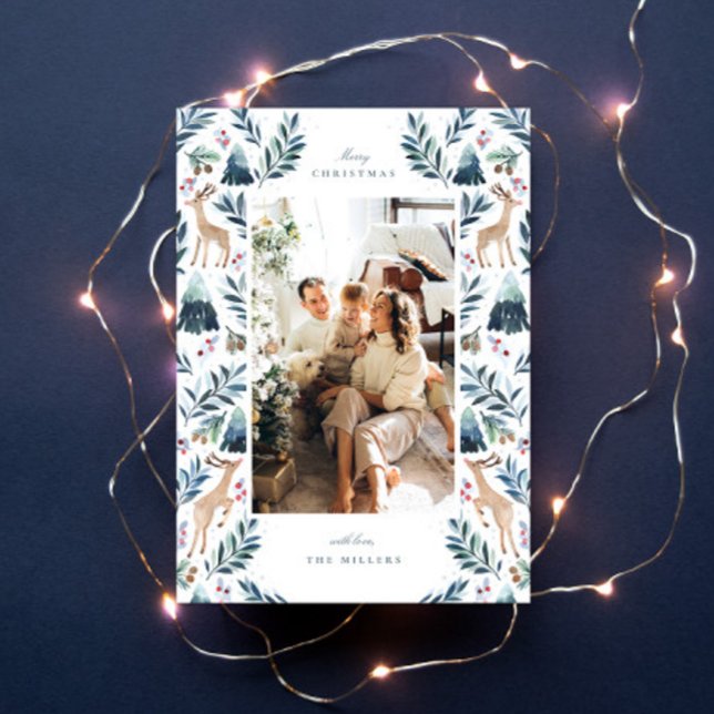 Cartes Pour Fêtes Annuelles Les rennes d'aquarelle dans la forêt Photo (Créateur téléchargé)