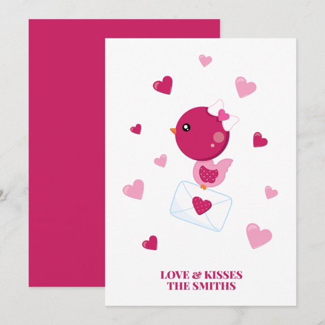 Cartes Pour Fêtes Annuelles Lettre d'amour Oiseau Coeurs roses La Saint Valent (Devant / Derrière)