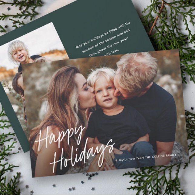 Cartes Pour Fêtes Annuelles Lettre de script moderne 2 Photo (Simple Hand Lettered 2 Photo Holiday Card.)