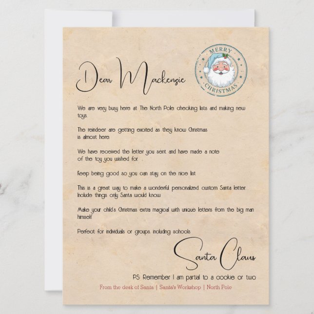Cartes Pour Fêtes Annuelles Lettre du bureau de Père Noël personnalisée (Devant)