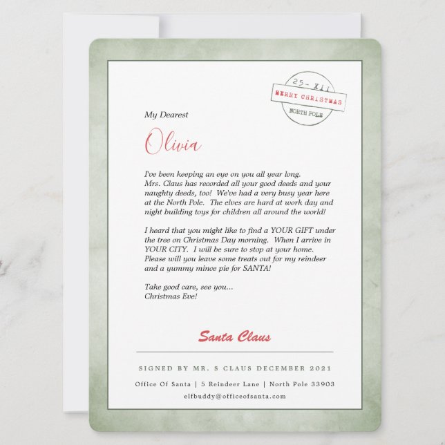 Cartes Pour Fêtes Annuelles Lettre Du Pôle Nord Père Noël (Devant)