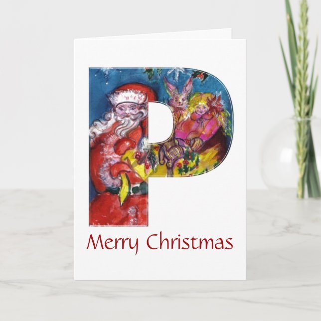 CARTES POUR FÊTES ANNUELLES LETTRE P DE NOËL / PÈRE NOËL AVEC CADEAUX MONOGRAM (Devant)