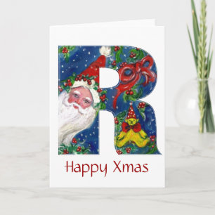 CARTES POUR FÊTES ANNUELLES LETTRE R / SANTA CLAUS AVEC MONOGRAMME ROUGE RIBBO