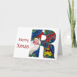 CARTES POUR FÊTES ANNUELLES LETTRE X / SANTA CLAUS AVEC MONOGRAMME ROUGE RIBBO