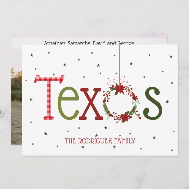 Cartes Pour Fêtes Annuelles Lettres à motifs texans et couronne de poinsettia (Devant / Derrière)