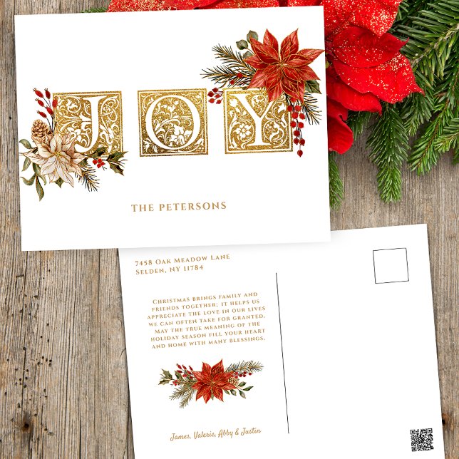 Cartes Pour Fêtes Annuelles Lettres de bloc Joy Illuminé Or avec Poinsettias (Créateur téléchargé)