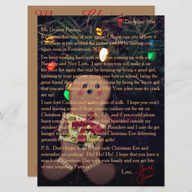 Cartes Pour Fêtes Annuelles Lettres de Père Noël Gingerbread Man (Devant / Derrière)