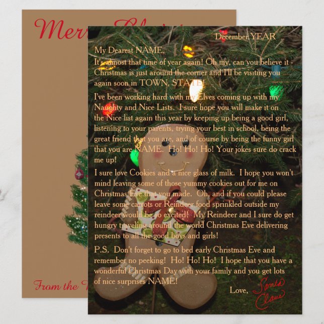 Cartes Pour Fêtes Annuelles Lettres de Père Noël Gingerbread Man (Devant / Derrière)