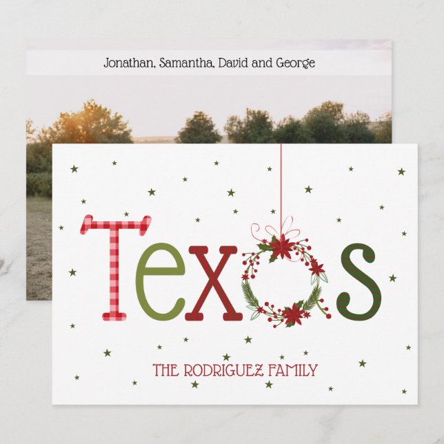 Cartes Pour Fêtes Annuelles Lettres de style Texas et couronne de poinsettia (Devant / Derrière)