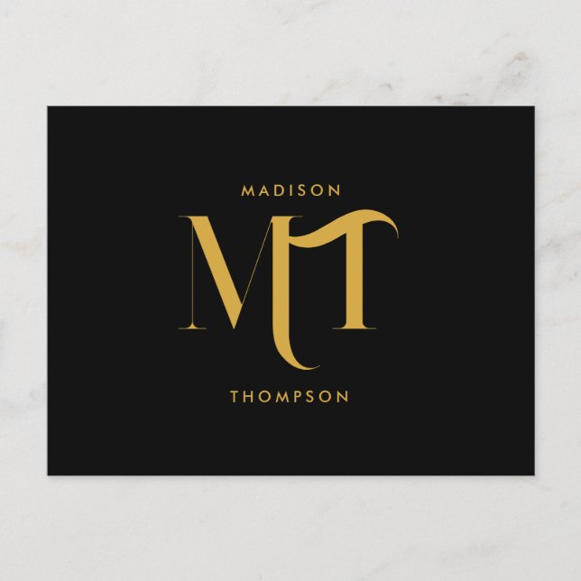 Cartes Pour Fêtes Annuelles Lettres d'initiales de monogramme noir et or éléga (Devant)