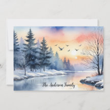 Lever de soleil aquarelle Oiseaux Lac Noël Hiver