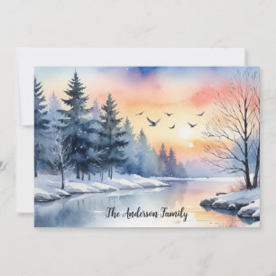 Cartes Pour Fêtes Annuelles Lever de soleil aquarelle Oiseaux Lac Noël Hiver