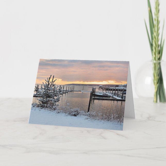 Cartes Pour Fêtes Annuelles Lever d'hiver au-dessus de Plymouth, MA Harbour (Devant)