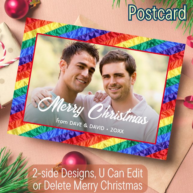 Cartes Pour Fêtes Annuelles LGBT Custom Photo Gay Rainbow Flag Joyeux Noël (Créateur téléchargé)