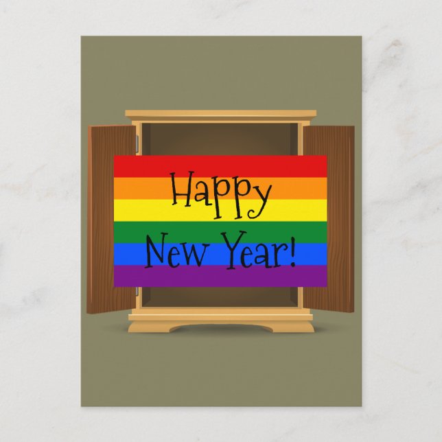 Cartes Pour Fêtes Annuelles LGBT Rainbow coming out of the closet New Year (Devant)