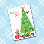 Cartes Pour Fêtes Annuelles Lhasa Apso Chien, Oiseau et Arbre de Noël<br><div class="desc">Sur le devant de cette carte de Noël, un adorable petit chien de Lhassa Apso porte un casquette de Père Noël rouge et blanc assis à côté d'un arbre de Noël. Des emballages de cadeaux aux couleurs vives sont éparpillés, et un bullfinch débarque sur le sapin de Noël. Le texte...</div>