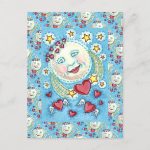 CARTES POUR FÊTES ANNUELLES L'HOMME DE VALENTINE DANS LA LUNE, ÉTOILES ET COEU